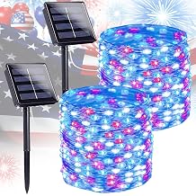 4th of July Decorations Solar String Lights 2Pack 400LED Independence Day Lights for Outside, Red White and Blue Solar Light Waterproof, Copper Wire 8 Modes Twinkle Light for Memorial Day National Day