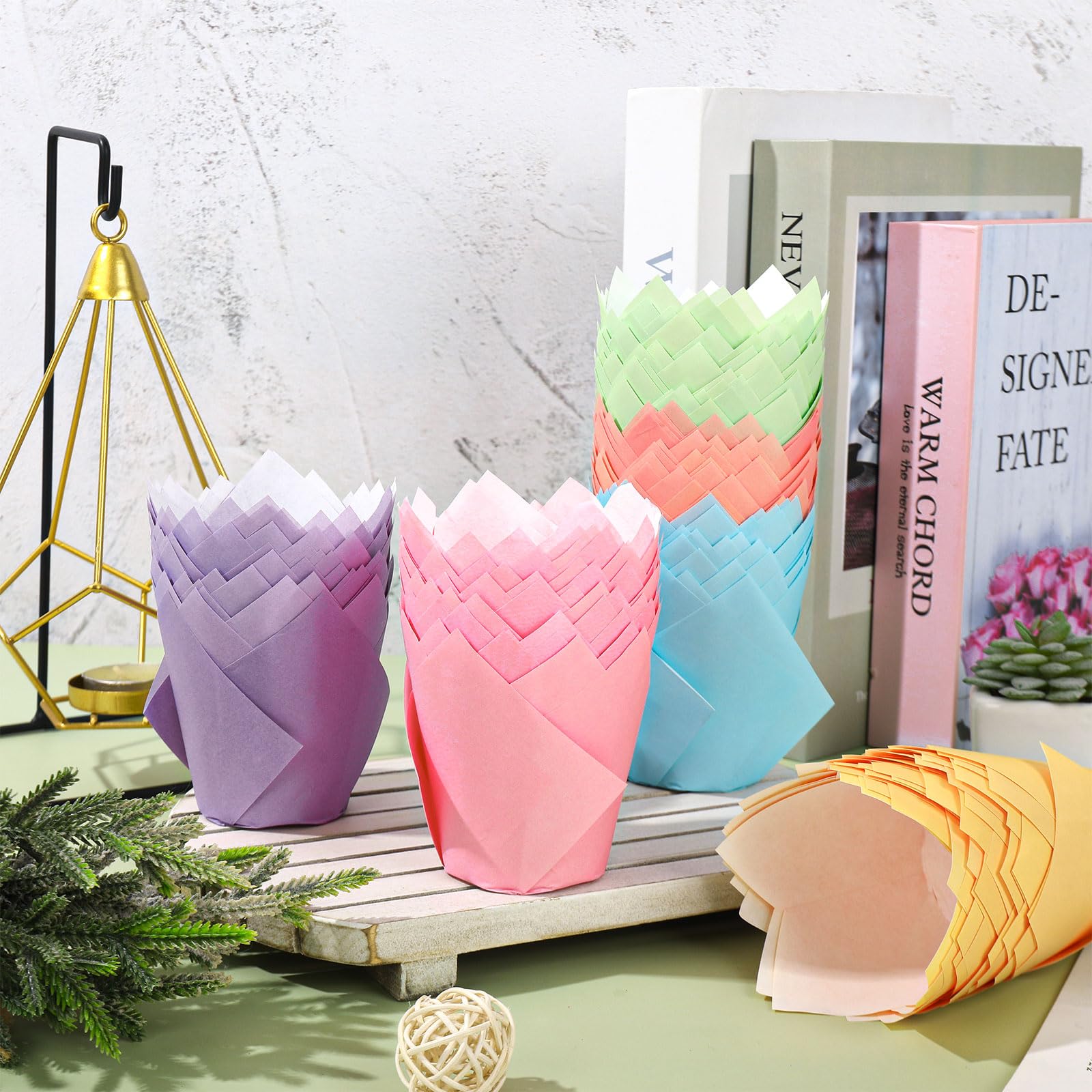 FYSUIMU 180 moldes para magdalenas de tulipán pastel, coloridos moldes para hornear magdalenas, rosa, azul, morado, amarillo, naranja, verde, para primavera, Pascua, vacaciones, suministros de fiesta