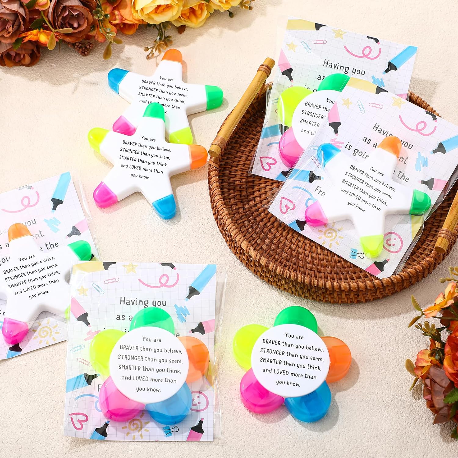 AmazingSpark 24 Star and Petals Highlighters with Motivational Cards Bags 5 in 1 Fluorescent Pens Affirmation Awards for Party Favor