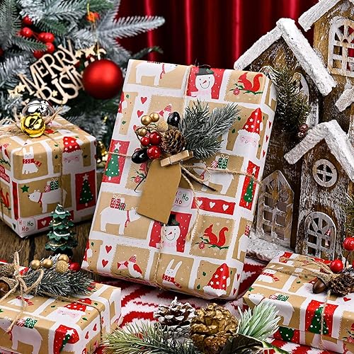 Miniatura 77 de Yarcony Papel kraft de regalo de Navidad, papel de regalo negro, árboles de Navidad de lujo, renos, copos de nieve, papel de estraza resistente