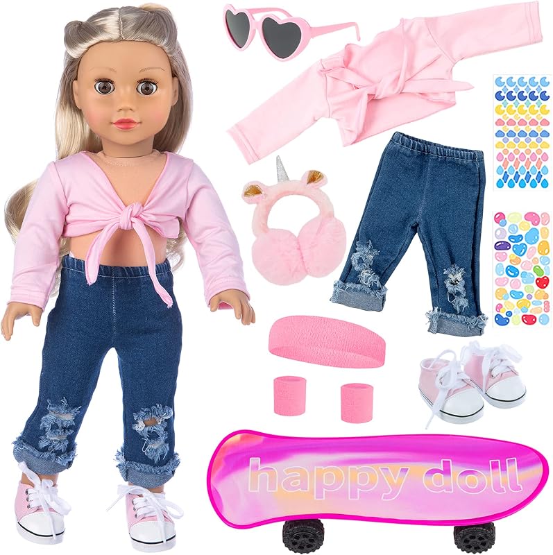 ZITA ELEMENT Juego de 10 piezas de ropa para muñecas zapatillas de monopatín para muñecas de 18 pulgadas | Kit de deporte al aire libre de 10 piezas; Top, pantalones cortos de mezclilla, zapatos, accesorios para scooters y patinetas; Se adapta a muñecas de 18 pulgadas; Edad 3+, sin muñecas