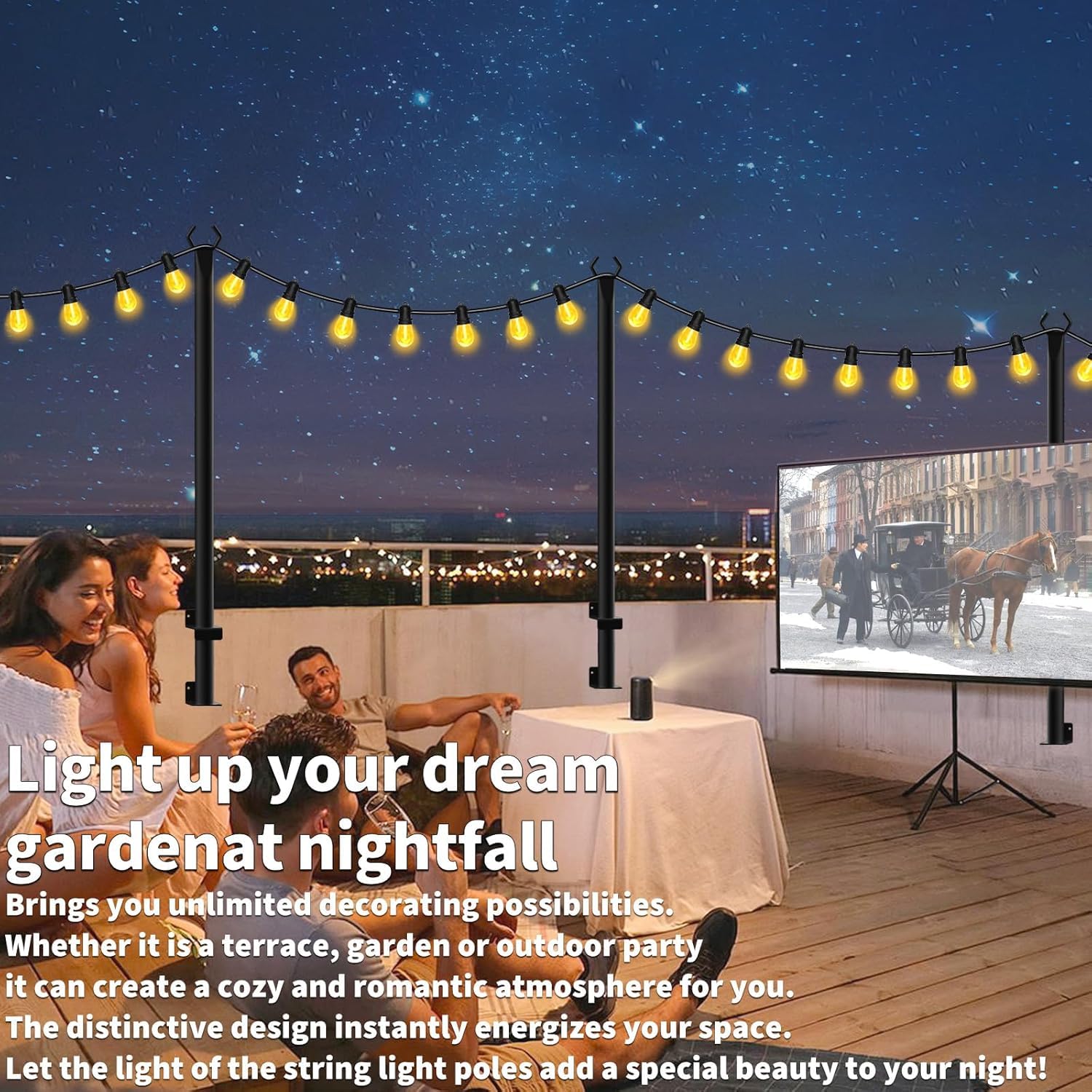 AHRLHR Pali luminosi da 1,5 m, confezione da 4 pali luminosi per esterni con clip di fissaggio, pali in metallo per luci esterne, pali luminosi da appendere per recinzione, giardino, cortile, parete
