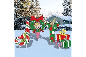 4Pcs Christmas Yard Signs with Stakes & Chains - Green JOY Gnome...