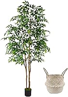 Warmplants 7ft Artificial Ficus Tree with Seagrass Basket - Realistic Silk Fake Plant for Indoor Outdoor Home Office Decor