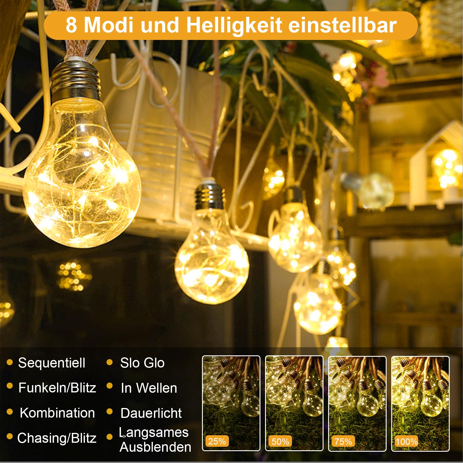Goffii Solar Lichterkette Aussen Mit 20 Glühbirnen 12.5M Lichterkette Außen Wetterfest Warmweiß mit 8 Modi Memory-Funktion Timer für Vintage Deko Gärten Terassen Hochzeiten Balkon Party Hochzeit
