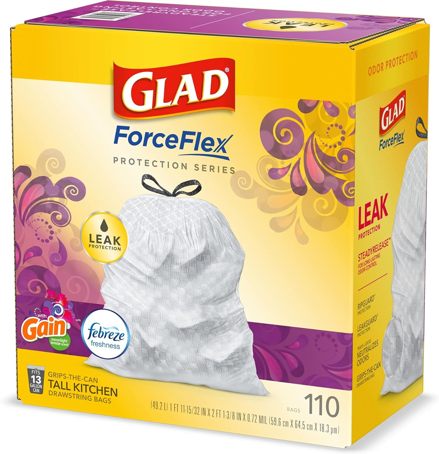 Glad Trash & Food Storage ForceFlex Protection Series Tall Trash Bags, 13 Gal, Gain Moonlight Breeze with Febreze, 110 Ct (Package May Vary) : Health & Household