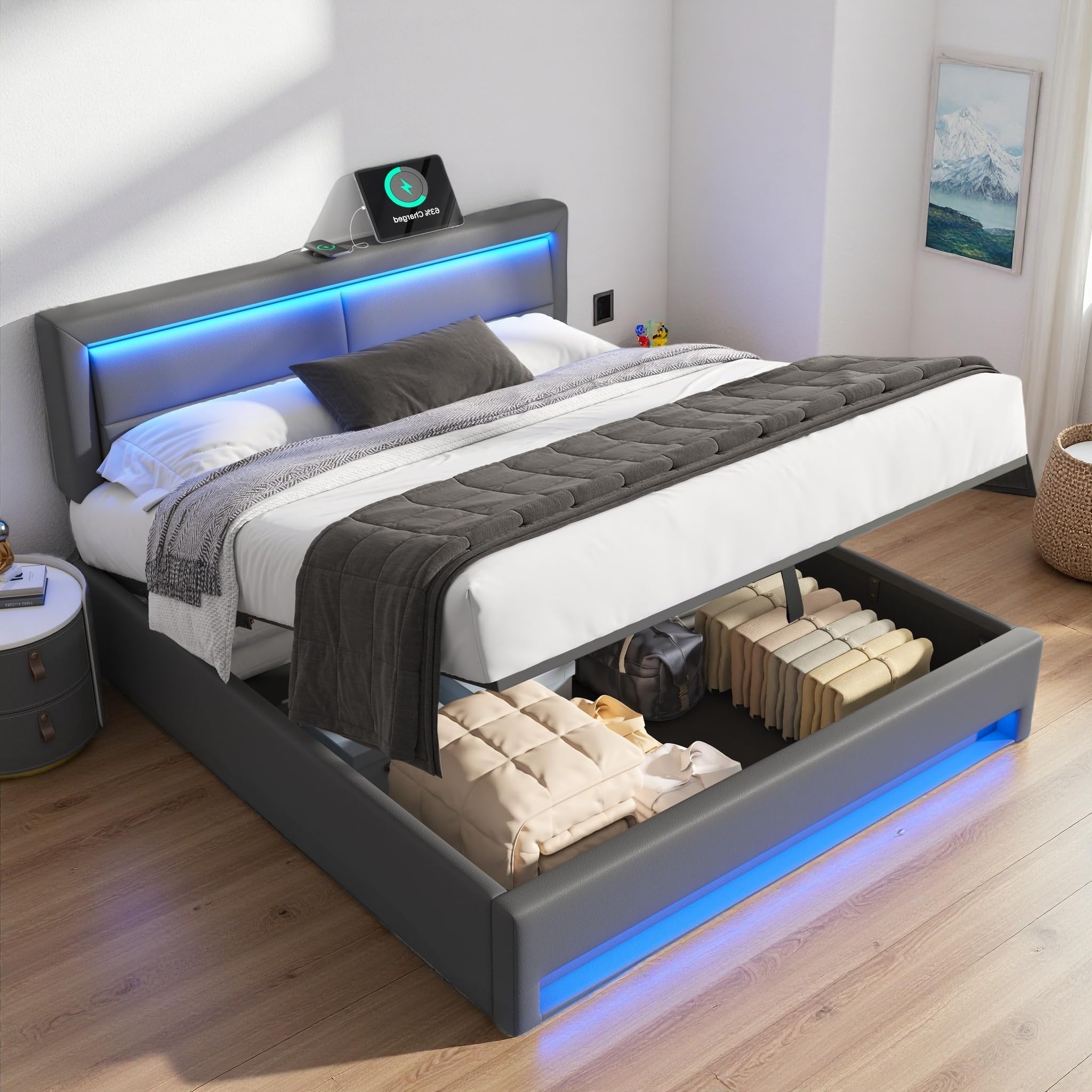 Letto 140x200 Cm Con Base LED E USB, Letto Matrimoniale Imbottito Con Rete A Doghe E 4 Cassetti Beige