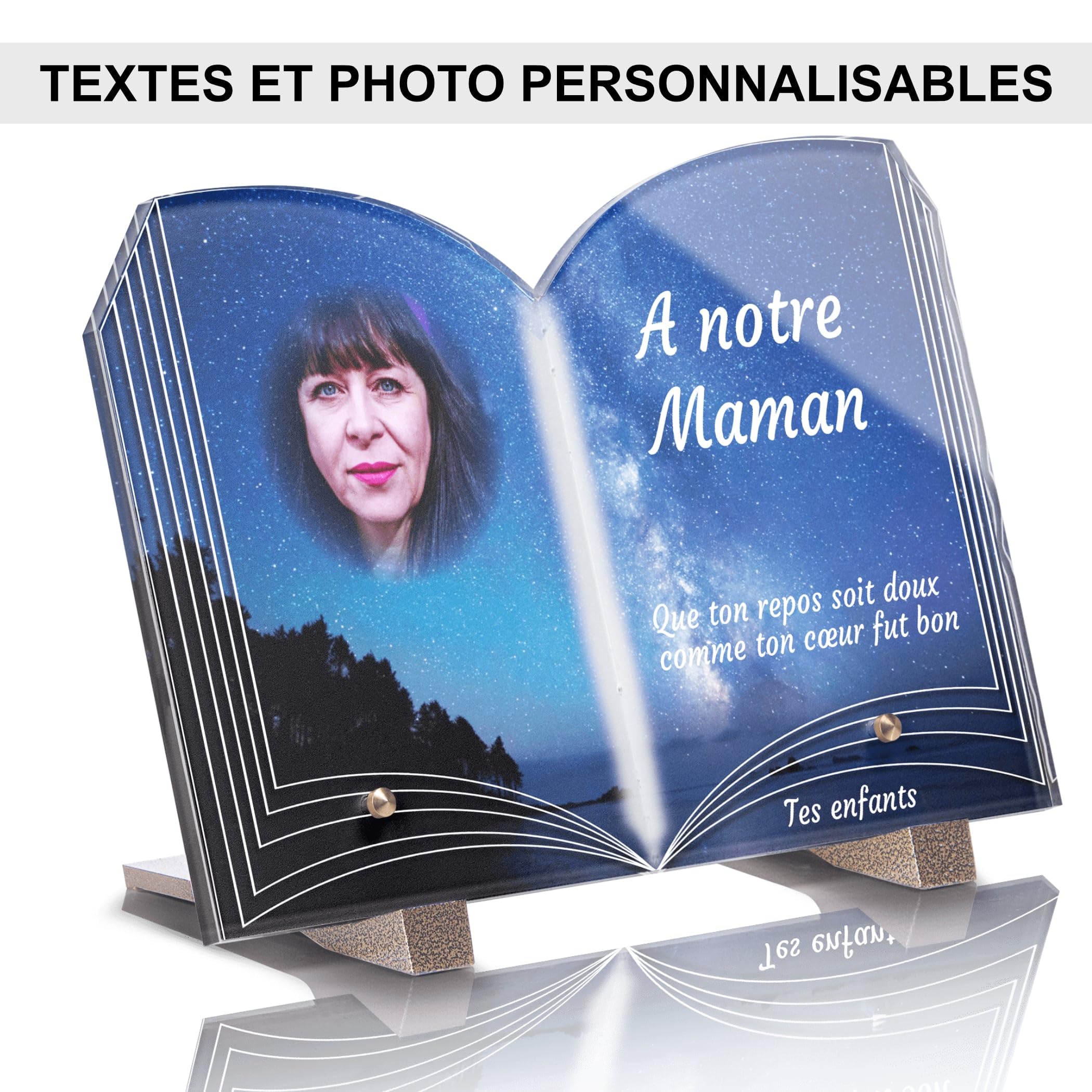 Plaque Funéraire Livre Personnalisée Roses Galets - Texte & Photo, Résistante UV (22,5x15 Cm Moyen)