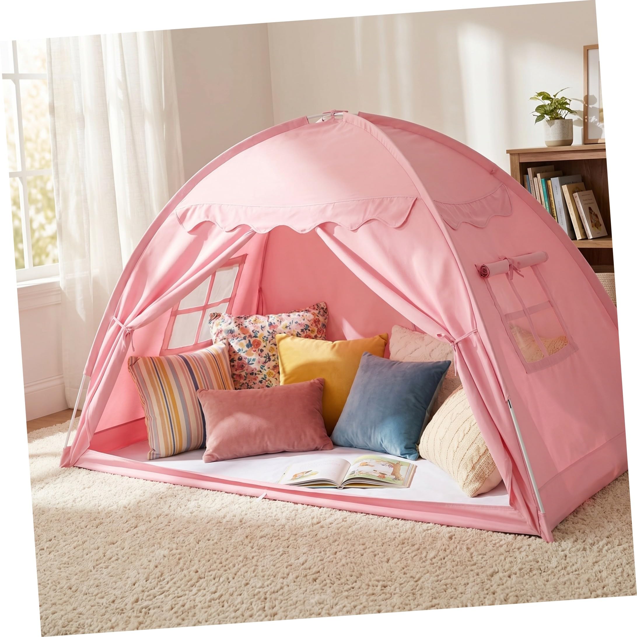 Lurrose Tienda de campaña Individual para con Dosel, Tienda Opaca para Dormitorio, casita de Juegos para Dormir y Jugar, para y niñas, Rosa, Plegable