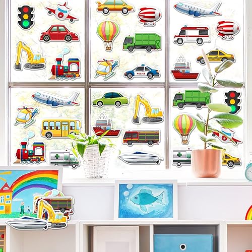 Miniatura 3 de Whaline 40 calcomanías de gel grueso de transporte para ventana de vehículo, lindos autos de policía, aviones, barcos, autobús, trenes, ventanas,