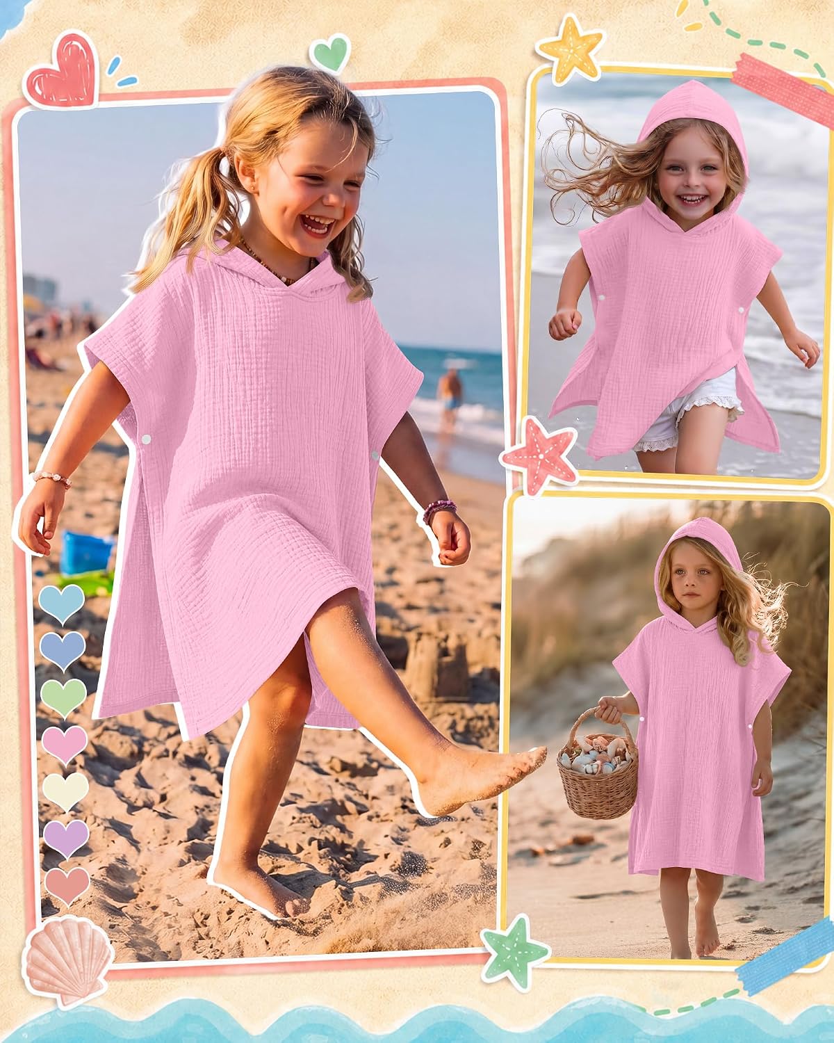 Girls Hooded Swim Cover Up Double Sided Cotton Beach Poncho Kids Summer Swimsuit Coverup