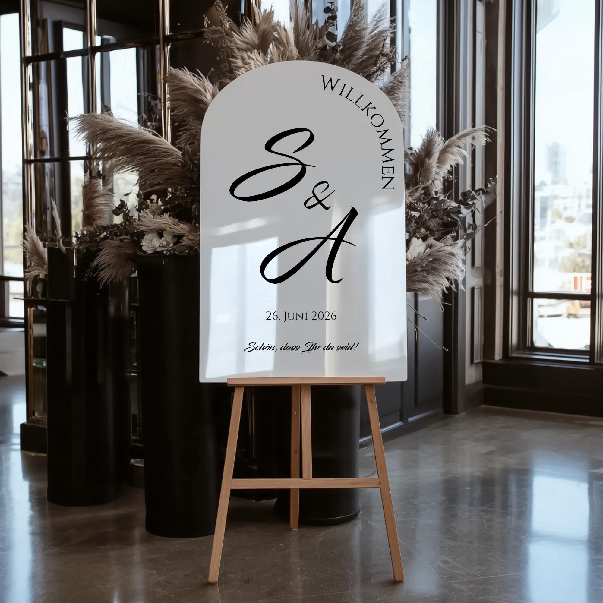 Willkommensschild Hochzeit personalisiert Acrylglas Weiß Hochglanz – elegante Deko für Empfang, Party & Events – Made in Germany