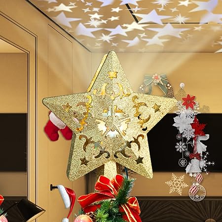Amazon Co Jp ツリートップ クリスマス飾り トップ 星 回転式3d投影 クリスマスツリートップ 豪華 クリスマス オーナメント おしゃれ スタートップ 25cm 星 Led 飾り 人気 プレゼント 金 星 おもちゃ