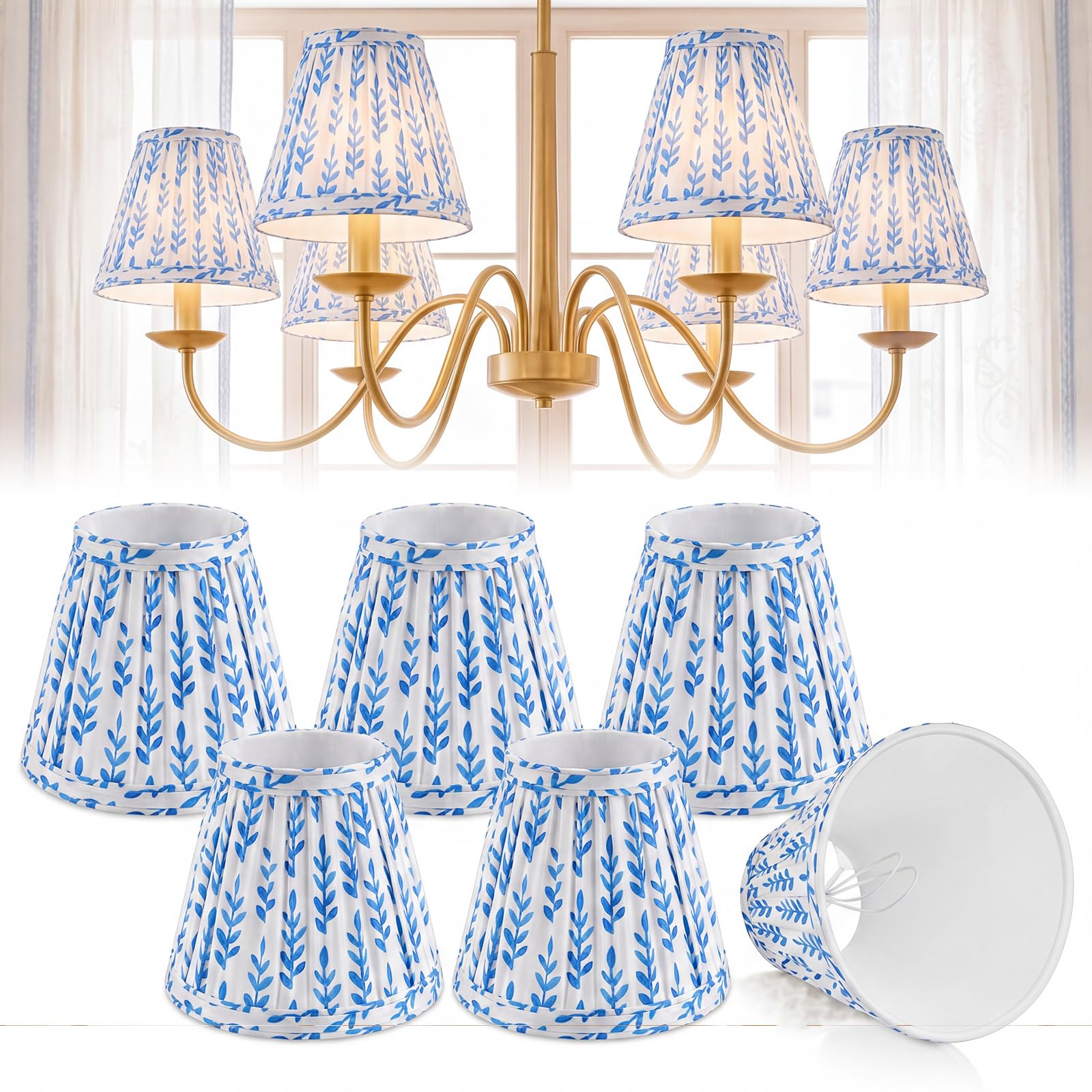 Photo 1 of VIHOSE 6 Pcs Pleated Chandelier Lamp Shades Slant Small Lampshades Clip on Bulb Classic Pleated Style Bulb Covers for Wall Sconces Pendant Lighting (3" X 5.5" X 4.7",Blue)