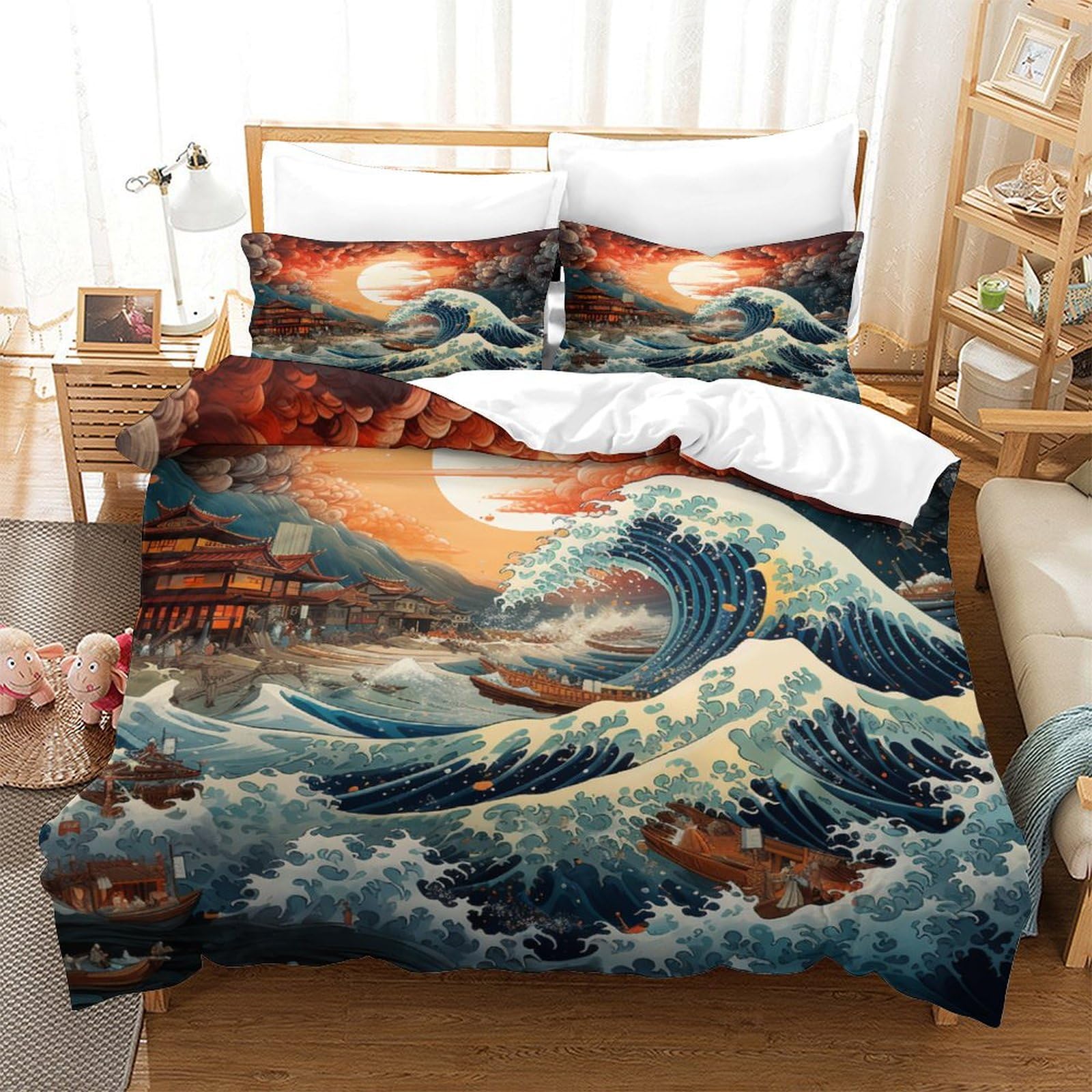 GXYUAOIEF Sea Wave Duvet Cover 3 Pieces 3D Printed Ukiyoe Sunset Microfiber Quilt Cover With 2 Pillowcases Hidden Zipper Room Decor Double（200x200cm）