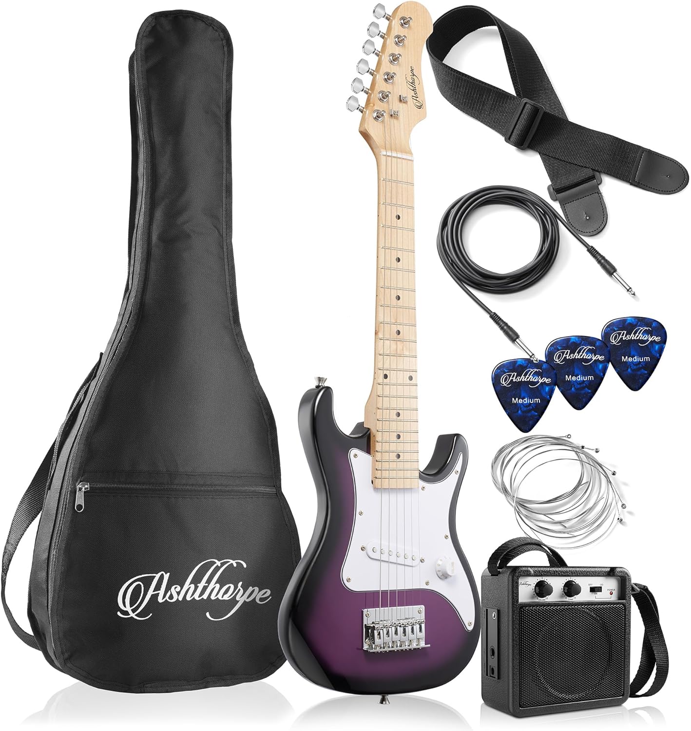 Ashthorpe 30-inch Beginner Electric Guitar Kit with Amplifier (Purple), Basic Starter Package w/Gig Bag, Strings, Strap, Picks