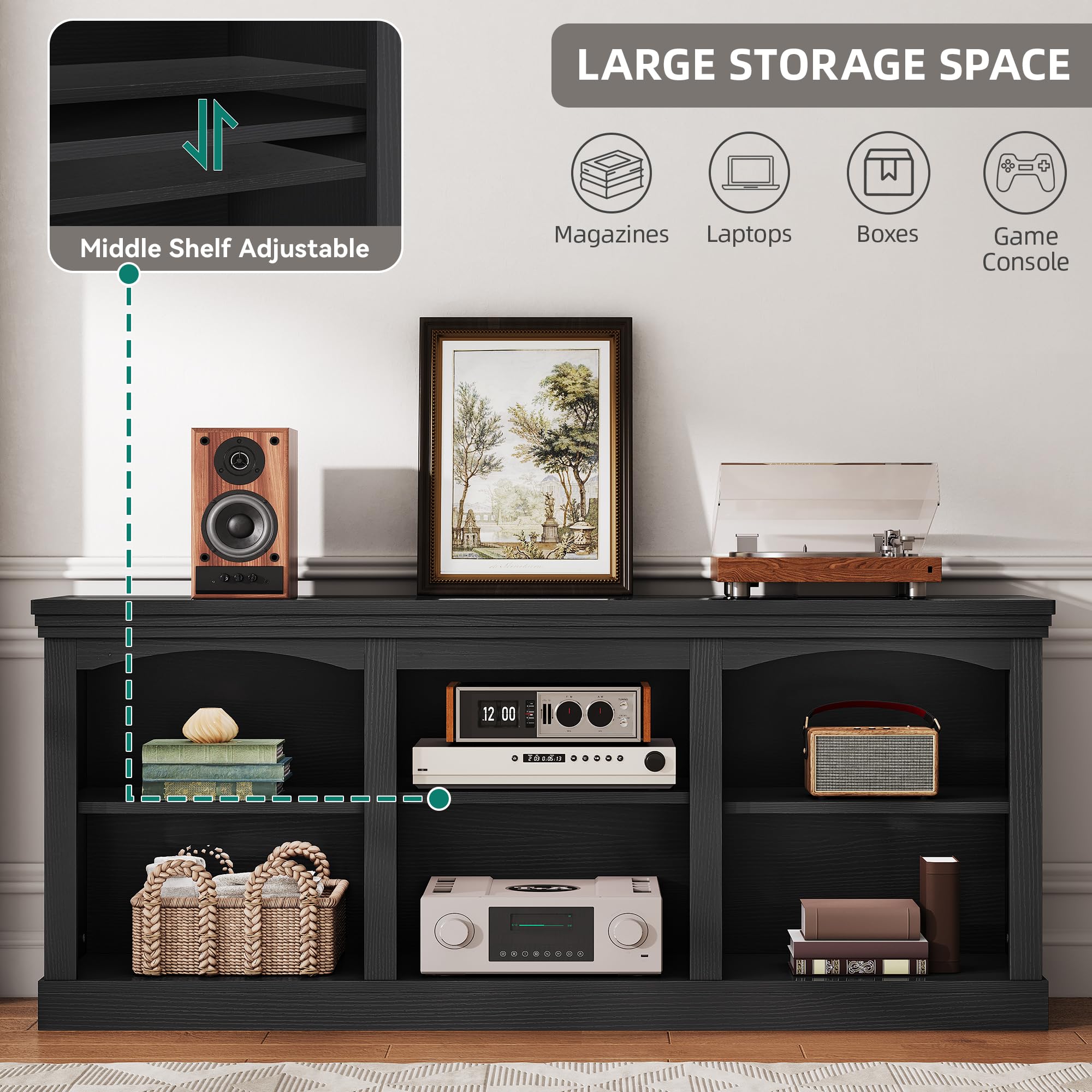 YITAHOME Farmhouse TV Stand with Cord Management for 75/80 Inch TV, Entertainment Center with Adjustable Shelf & Open Storage, 70" TV Console Table for Living Room (Black): Black 70"