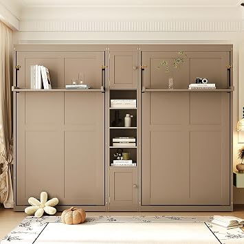 Dual Twin Murphy Beds with Storage, Space-Saving Wall Unit with 2 Cabinets & 4 Shelves, Built-in Support Legs, for Shared Rooms or Guest Space Antique Gray