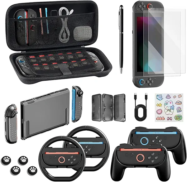 Nintendo Switch 2 Accessories, 18 in 1 Bundle for Switch 2 Gamer, Includes Carrying Case, Screen Protector, Joycon Grips, Steering Wheels, Stylus, Joycon Case, Console Protective Cover