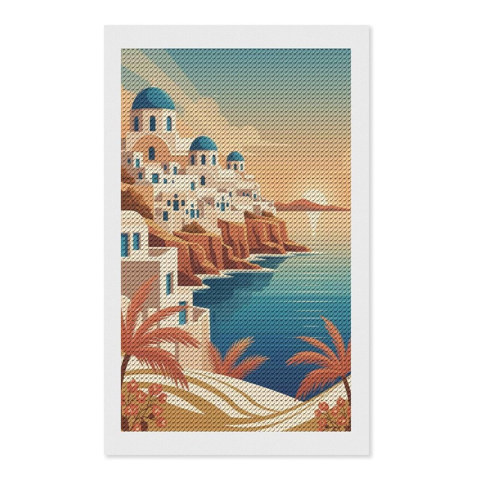 Junmoney Santorini Greece Coastal View DIY Diamond Art Canvas Kit 12"x20", for Teens, Finish and Display, Holiday Gift Idea, Vintage Style Decor