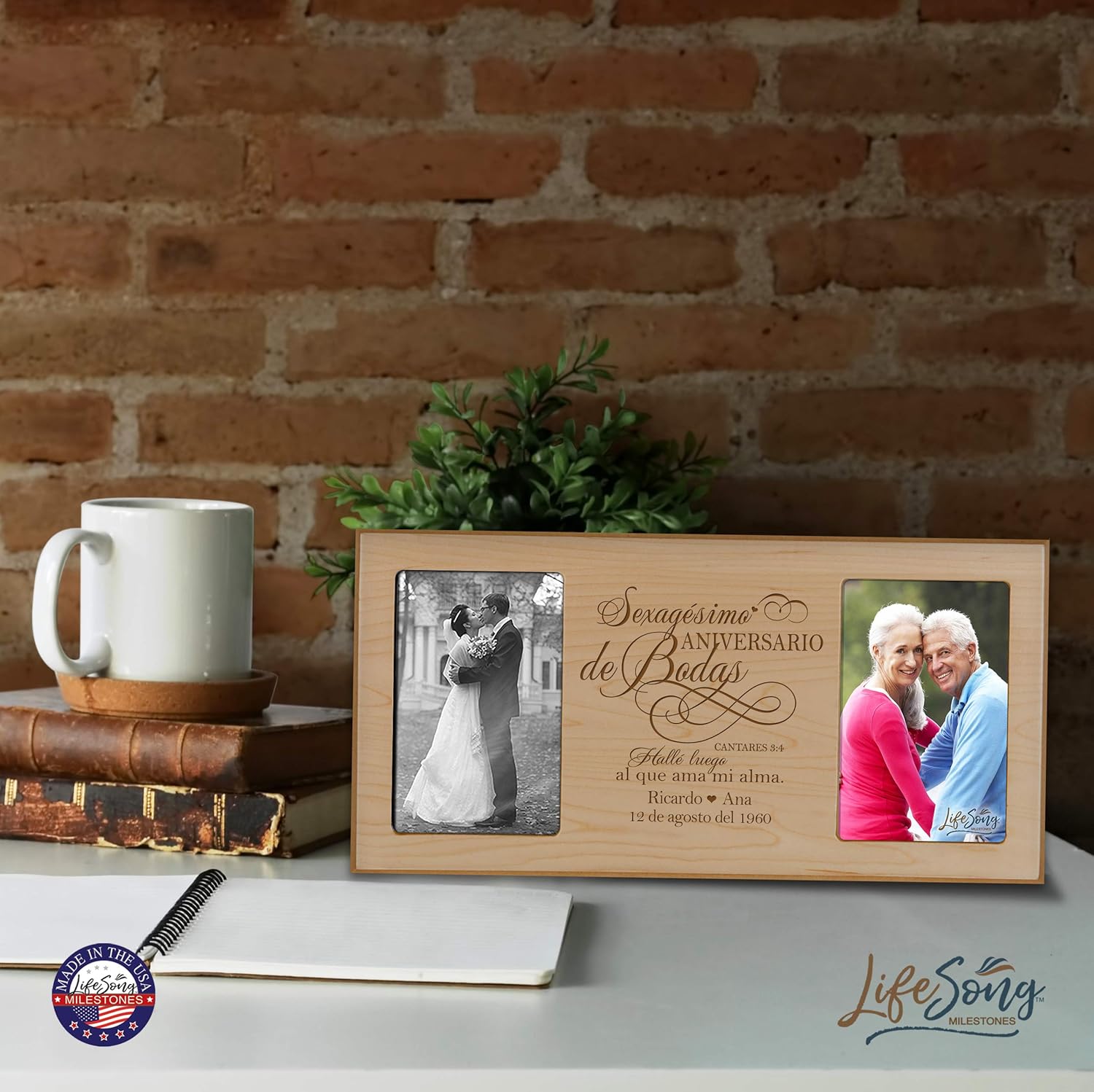 LifeSong Milestones Personalized 60th Anniversary Picture Frame Marriage Keepsake Gift with Spanish Verse - Sixty Years Wedding Gift for Parents Husband Wife Him Her Holds 2-4x6 Photo (Maple)