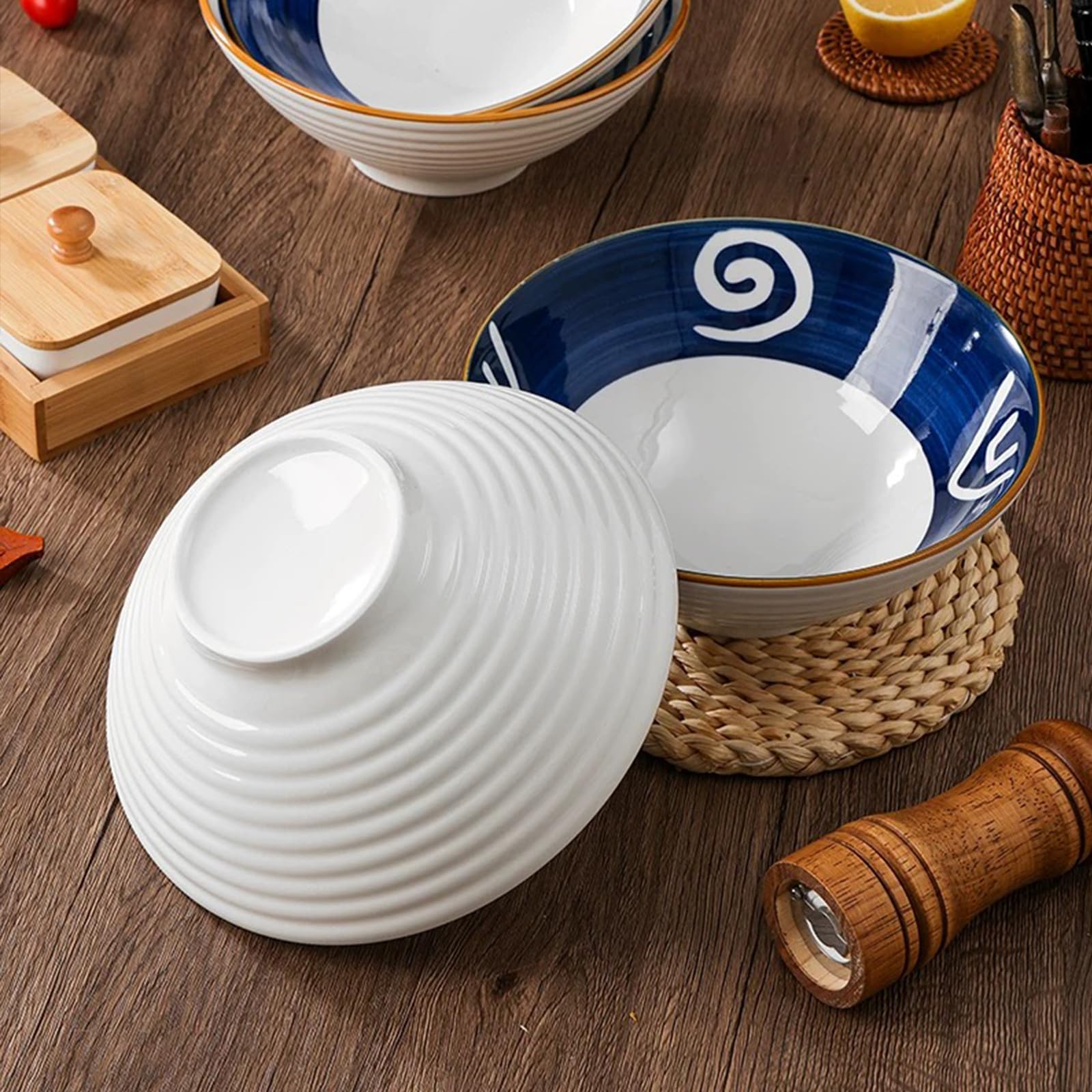 Zestaw 2 ceramicznych miseczek do makaronu, 1200ml, z pałeczkiem i łyżeczką (stylu 7)