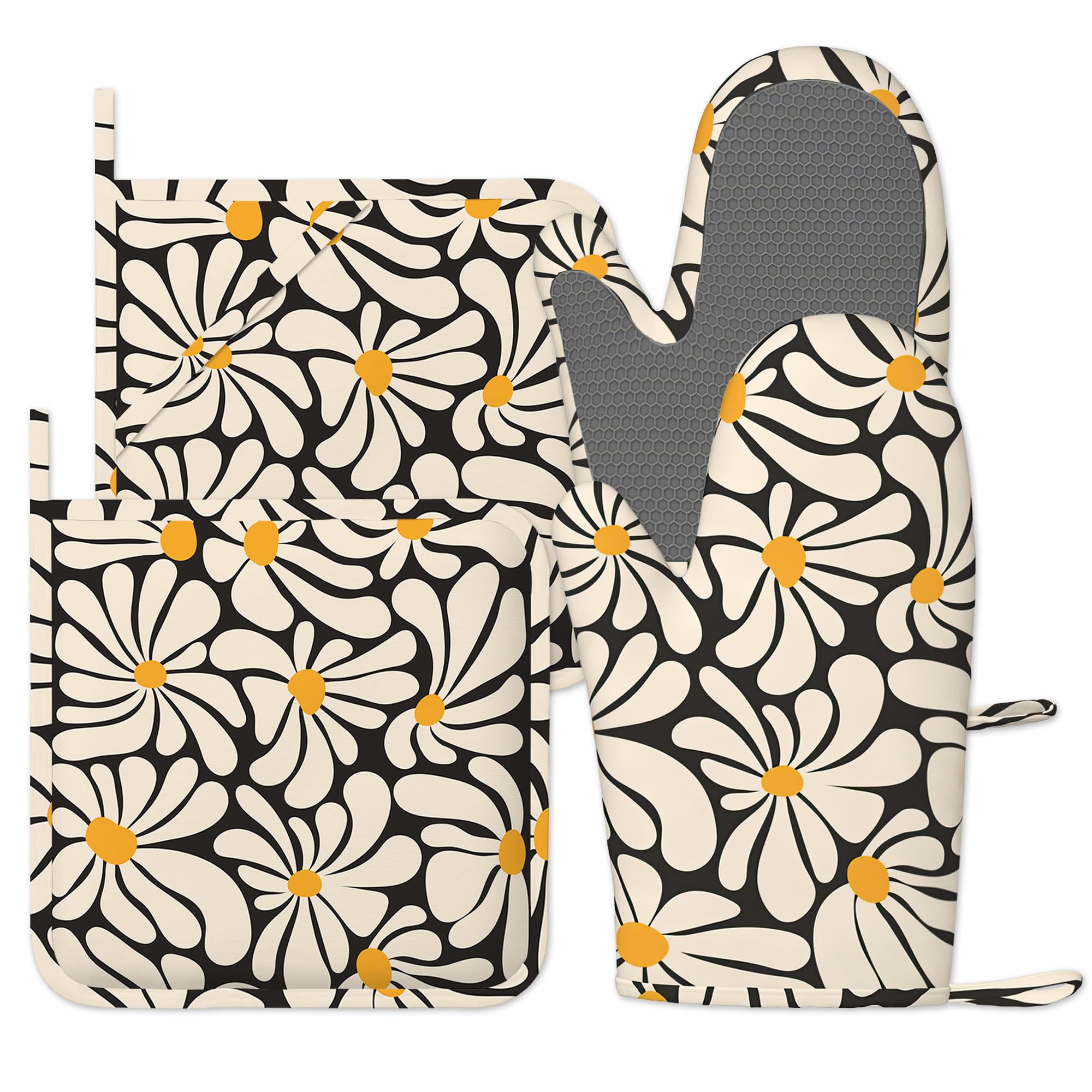 Black Beige Oven Gloves Silicone Oven Mitts and Pot Holders Sets of 4, Vintage Kitchen Gloves Hot Holders for Kitchen Baking Cooking Housewarming Gifts