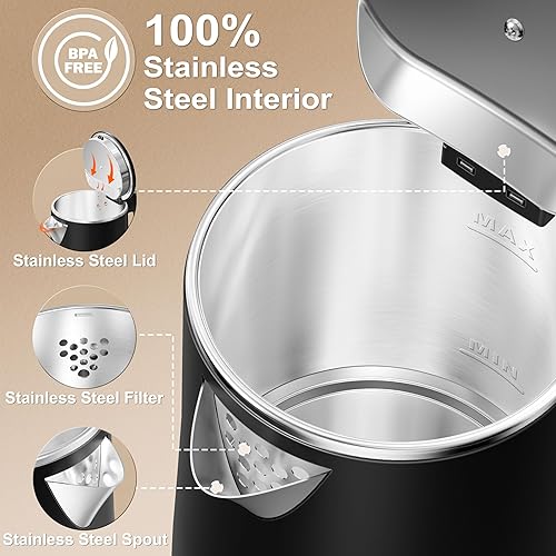 Miniatura 5 de Hervidor eléctrico pequeño de 0.8 L, hervidor de viaje portátil de acero inoxidable – 800 W de ebullición rápida, apagado automático y protección de