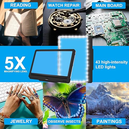 Vista 7 de Lupa 5X con luz, LED regulable de 9.5 x 6.9 pulgadas, lupa de página completa, lupa recargable para lectura, lupa ideal para leer y trabajar