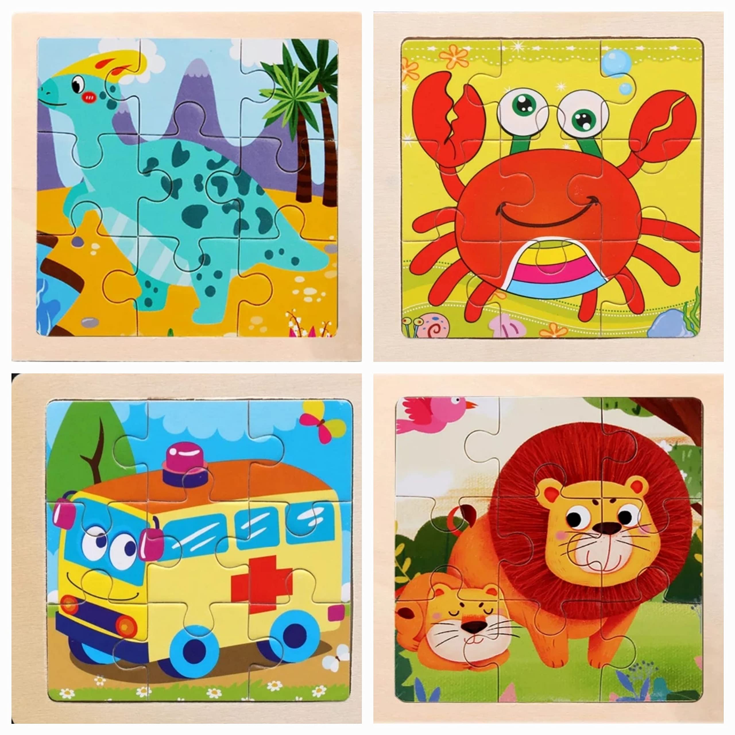 Buy Wooden jigsaw puzzle for kids, pack of 4 puzzles set (lion, crab