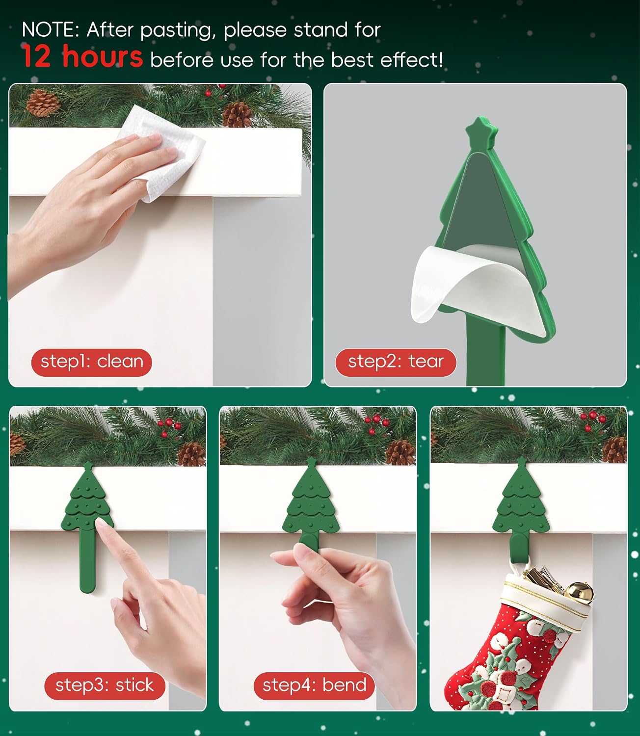 6 Pack Christmas Stocking Holders Garland Hangers for Mantle, Freely Bendable Adjustable Silicone Mantle Hangers, Counter Tables Window Fireplace Decoration (Green)