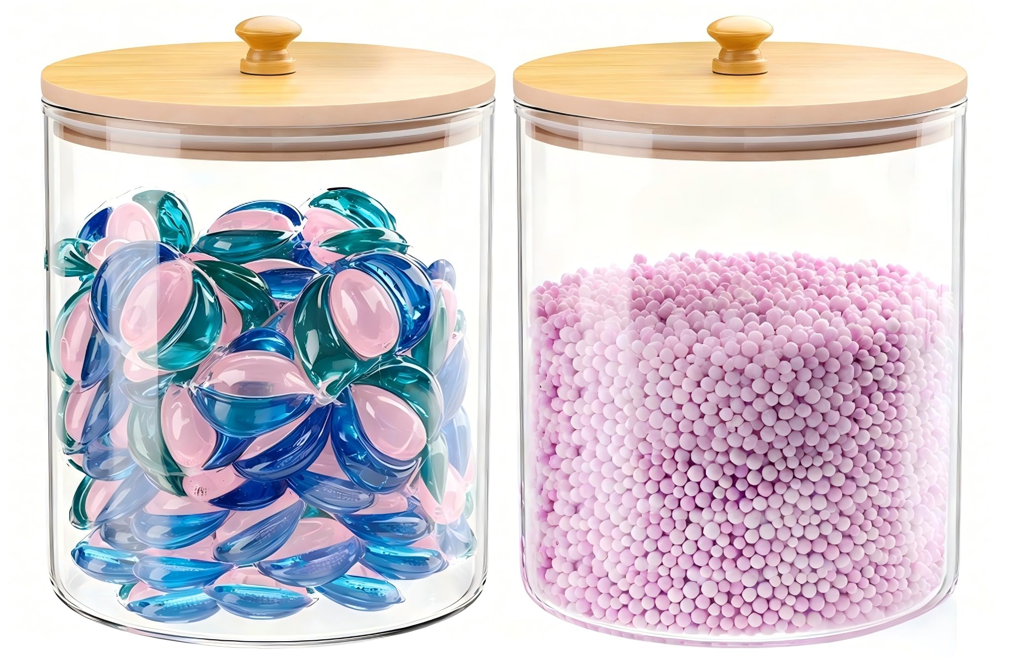 HomePekite Glass Laundry Pods Storage Container, Laundry Room Organization and Storage, Detergent Powder Container, with Wooden Lids &amp; Labels, 2 Pack