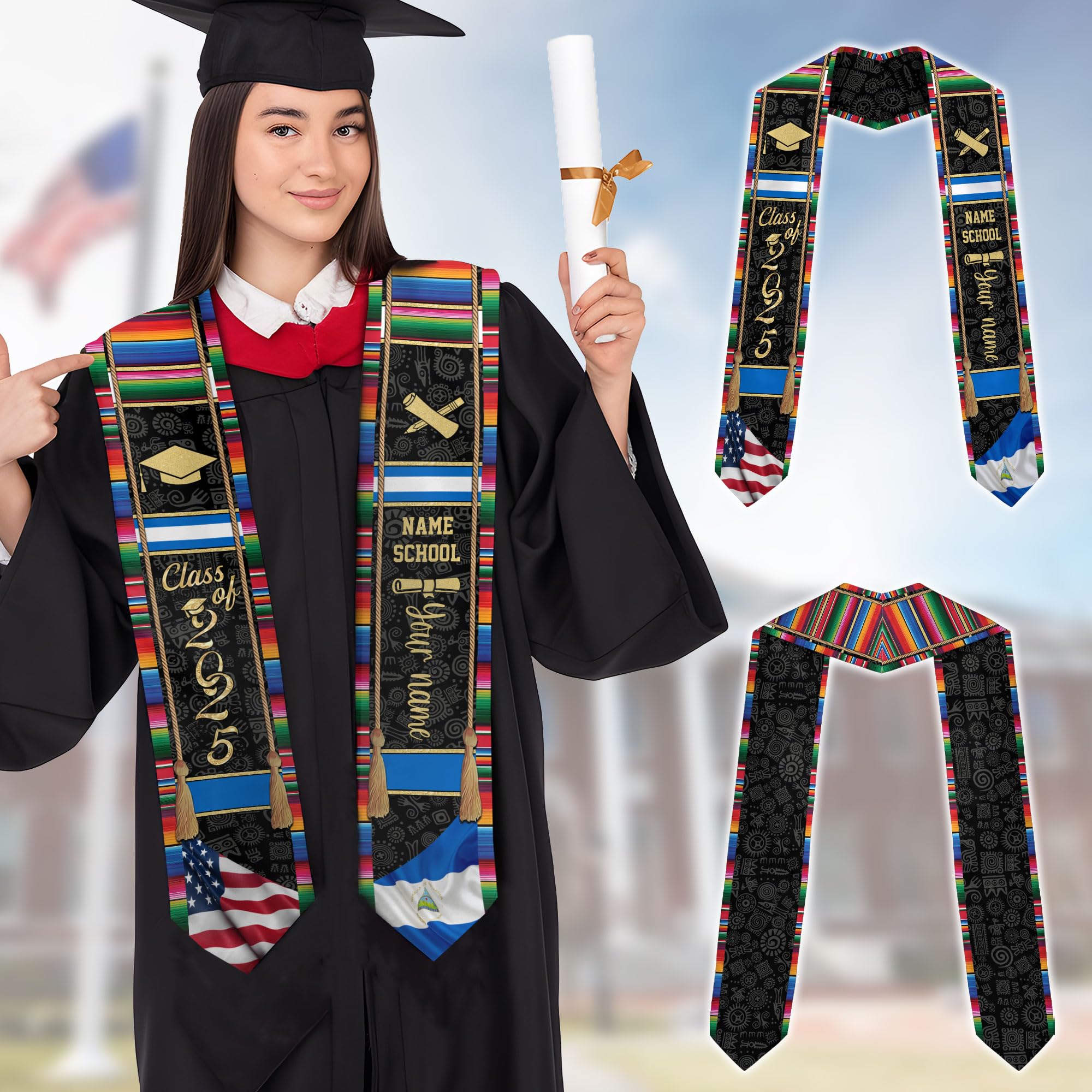MonkeyVan Custom Nicaraguans Graduation Sash 2025, Nicaragua Graduation Stole, Nicaraguans American Flag Graduation Sash 2025 Ncrg 15