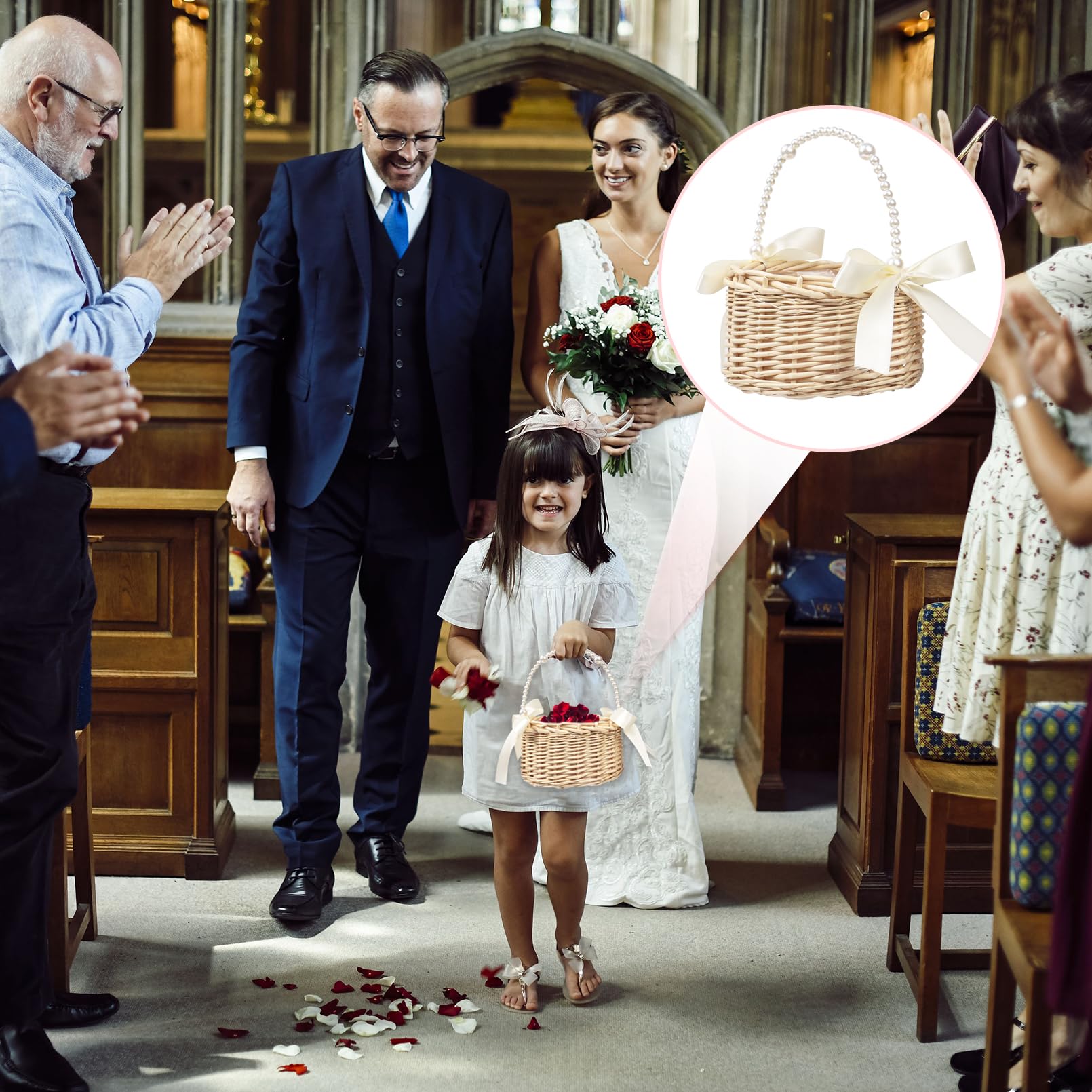 Cestino in vimini per damigelle e damigelle, intrecciato a mano, con manico e fiocco, per matrimonio