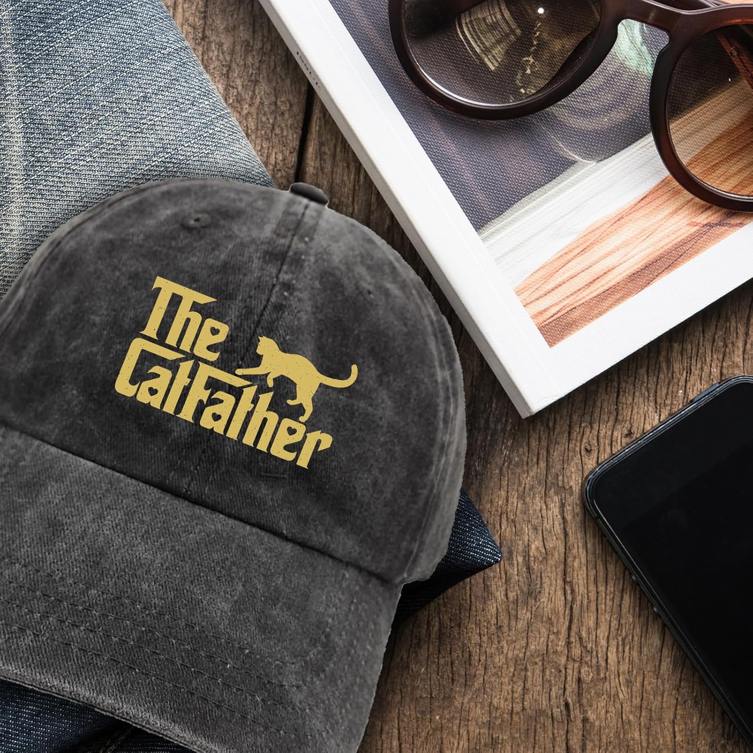 Funny Cat Hats The Catfather Printed Cotton Adjustable Baseball Caps Men's Retro Distressed Washed Black Baseball Hats Trendy Birthday Gifts for Dad Husband Grandpa Family Friend Cat Lover - Image 6