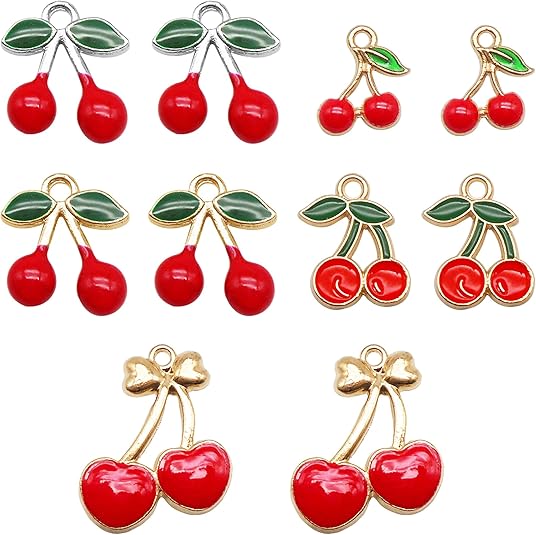 yaokan 30PCS 5 Style Red Cherry Charms Enamel Alloy Fruit Cherries Pendant Jewelry DIY Making Accessories Crafts