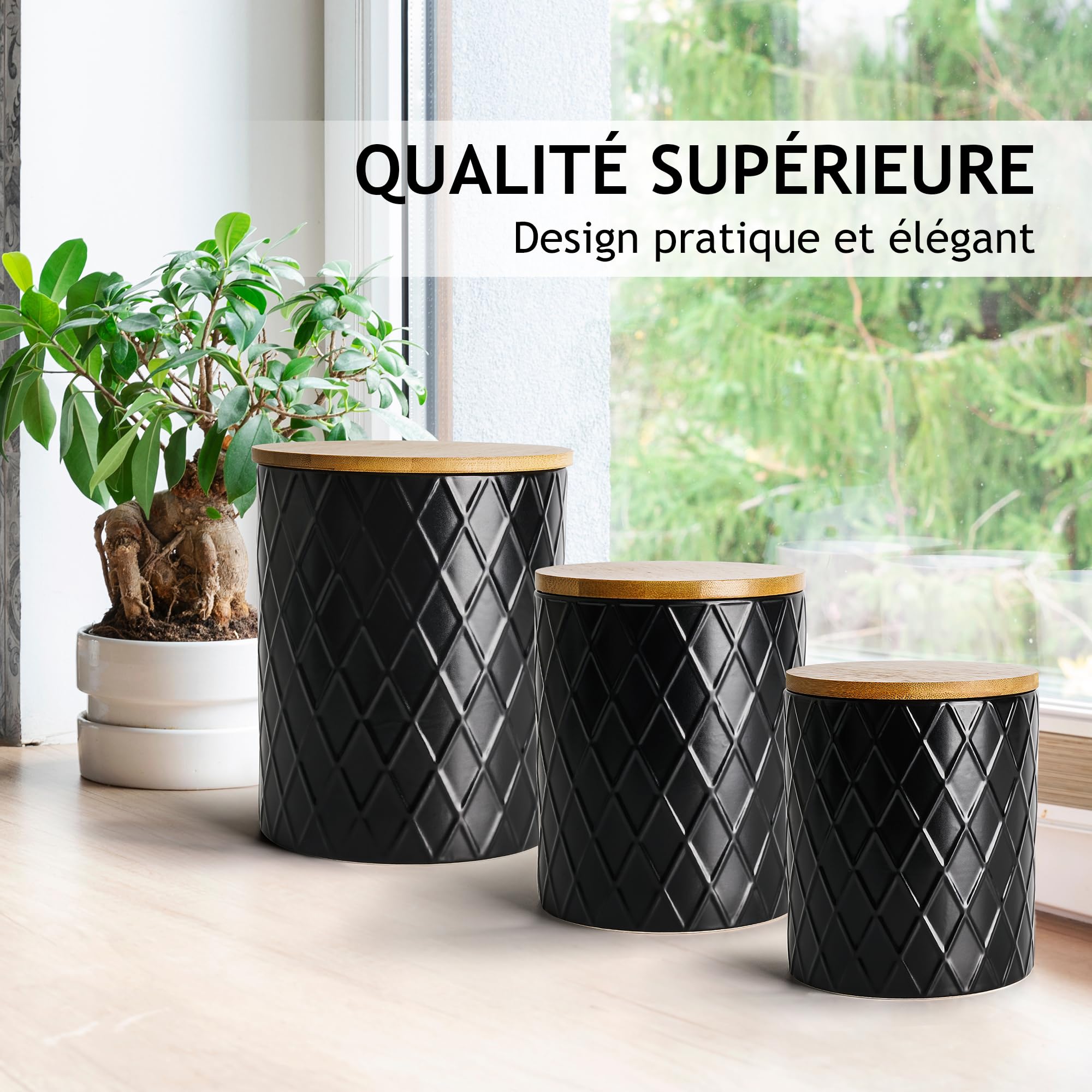 Set De 3 Boîtes De Rangement De Cuisine MIAMIO - Céramique Avec Couvercle En Bois - Pour Café, Thé, Sucre, Farine (Noir)