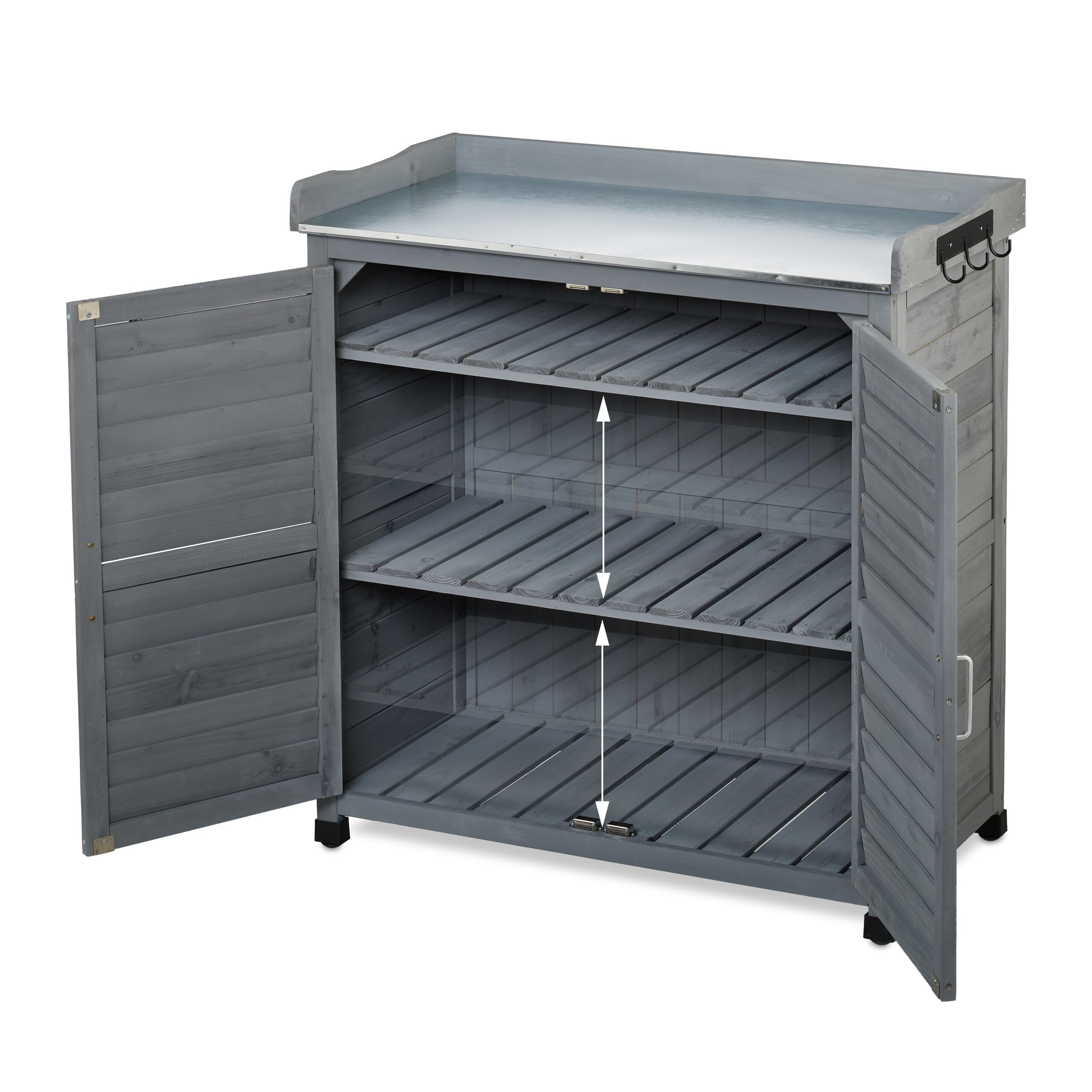 Relaxdays Tavolo da Lavoro per Giardinaggio, 3 Ganci, Banco Lavoro Giardino, Armadietto Legno, HLP: 92x90x45 cm, Grigio