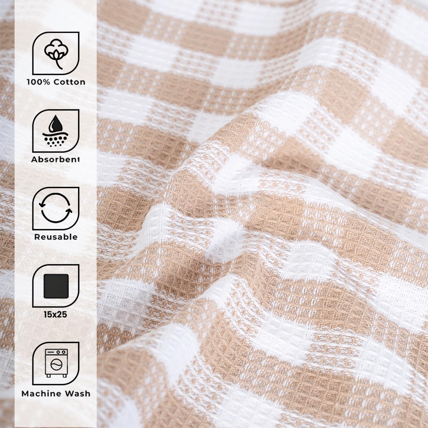 Blue Needles Waffle Weave Kitchen Towels, 15x25 Inches 100% Cotton Set of 6 Dish Cloths for Kitchen, Ultra Soft & Absorbent with Hanging Loop, Dish Rags for Quick Drying, Assorted - Beige - Image 3