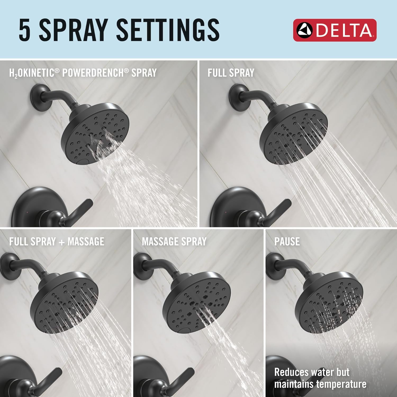 Delta Bonacci 14 Series H2Okinetic Bathtub and Shower Faucet Set, Matte Black Shower Head and Handle Set, Valve Trim Kit, Matte Black T14445-BL (Valve Not Included)