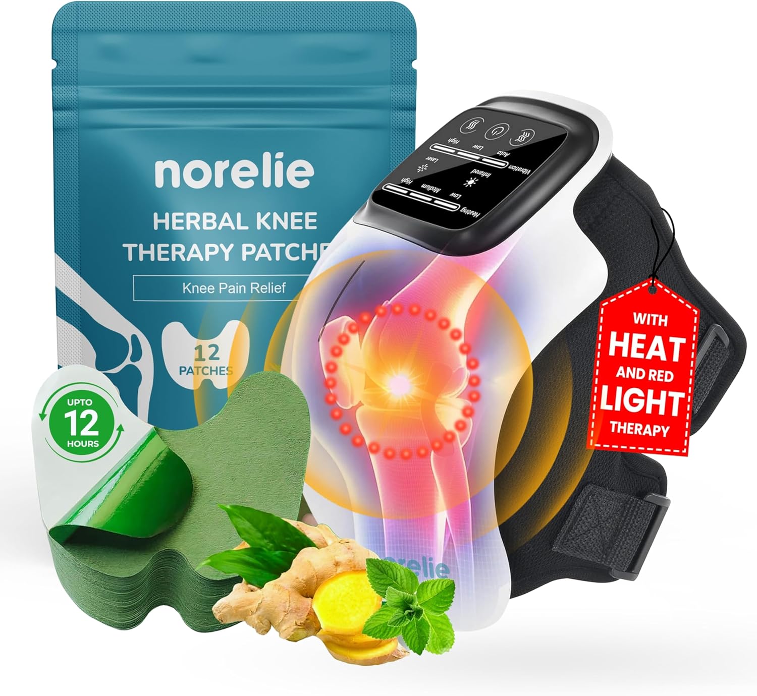 Norelie KneeRelief 3-in-1 Knee Massager, Cordless with Heat, Vibration and Red Light Therapy, Adjustable Settings for Comfort and Mobility