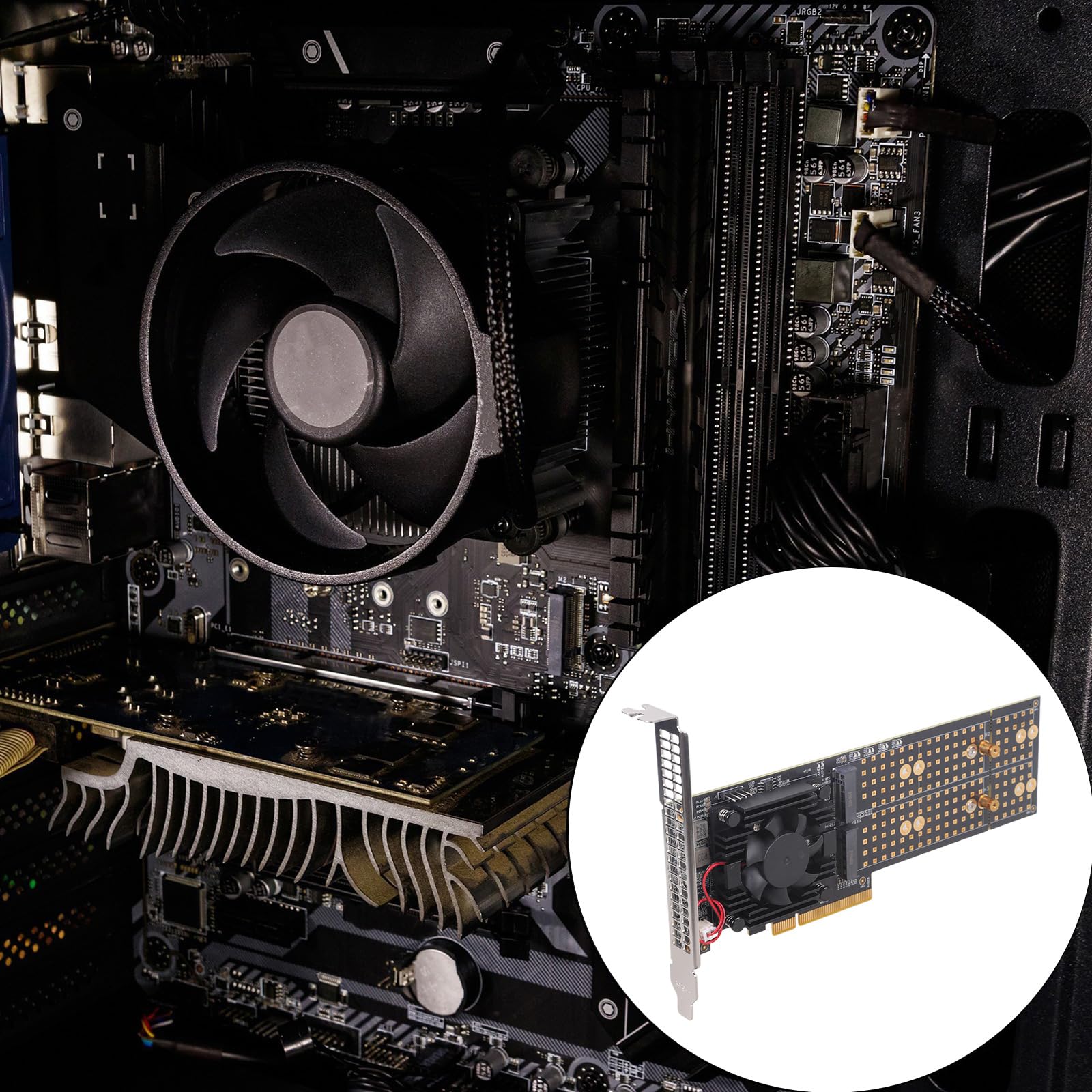 Tarjeta de expansión PCIe3.0 NVMe para 4 configuraciones, no requiere configuración BIOS, ventilador activo, montaje universal, tarjeta de expansión NVME de refrigeración activa