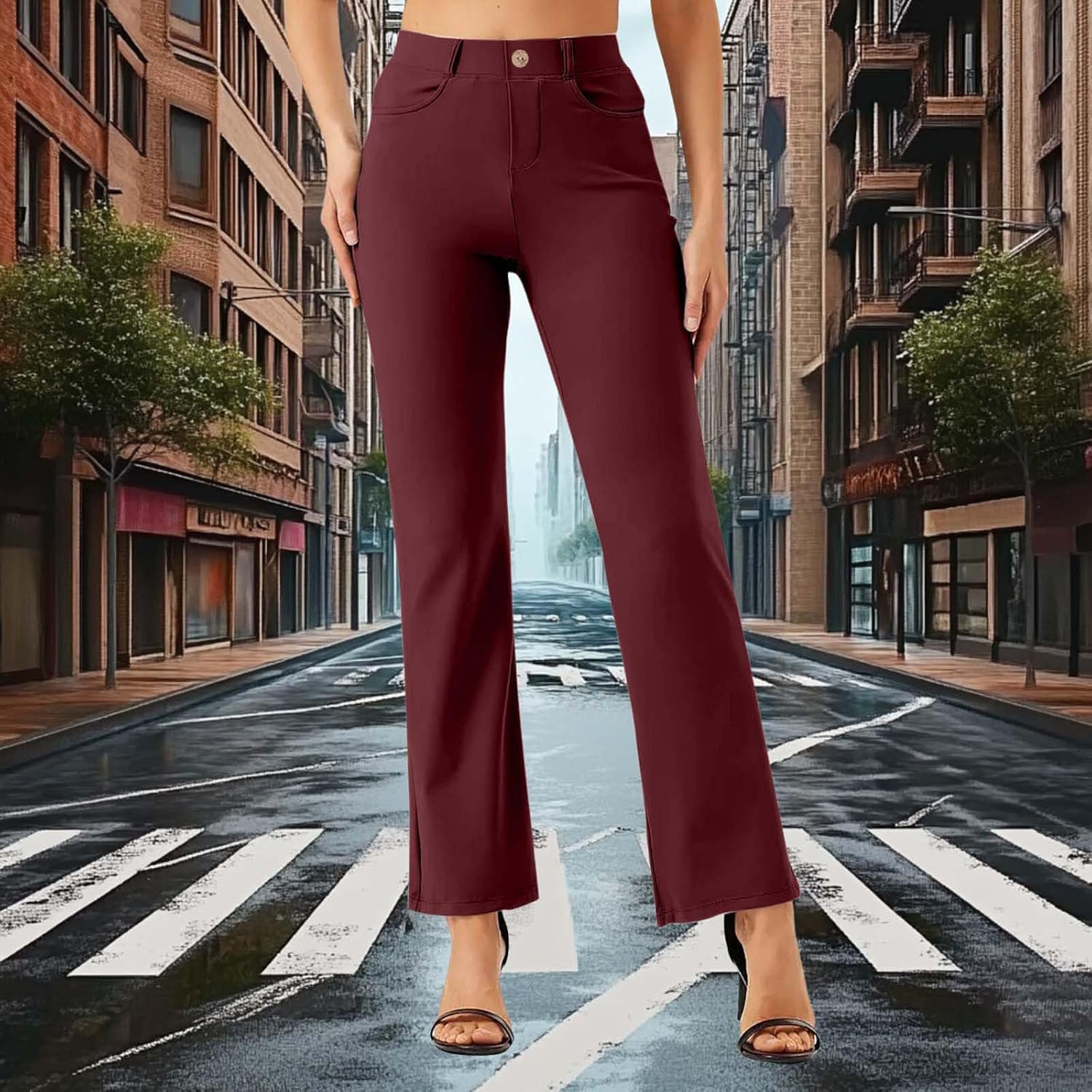 Womens Stretchy Dress Pants 2 Pockets High Waist Pull On Office Slacks Casual Business Work Pants Long Trousers