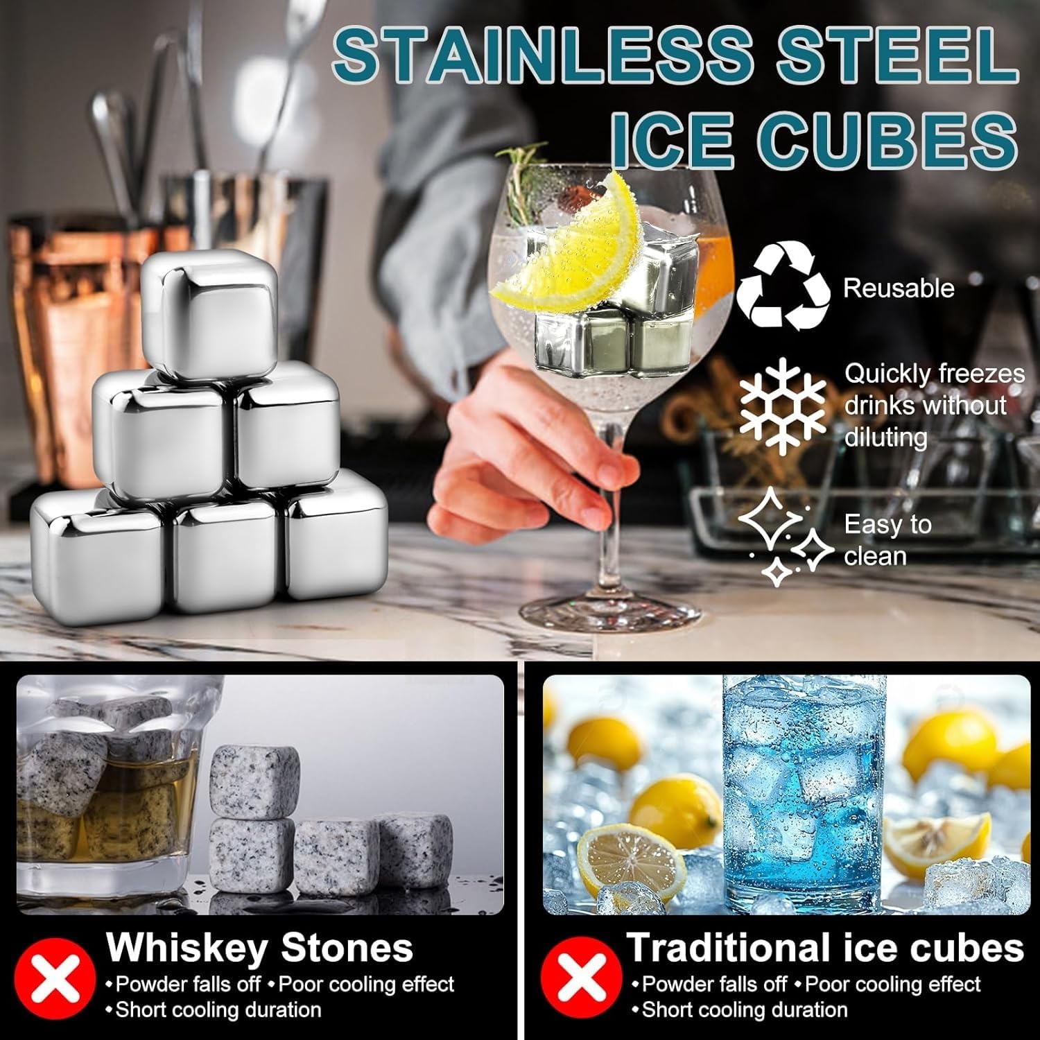 Kinmsito 24 Stück Edelstahl Eiswürfel, wiederverwendbare Kühlsteine, mit Zange, 2 Untersetzer, Handtuch, 6 Boxen, für Whisky, Wein, Gin, Tonic, Cocktails, Likör