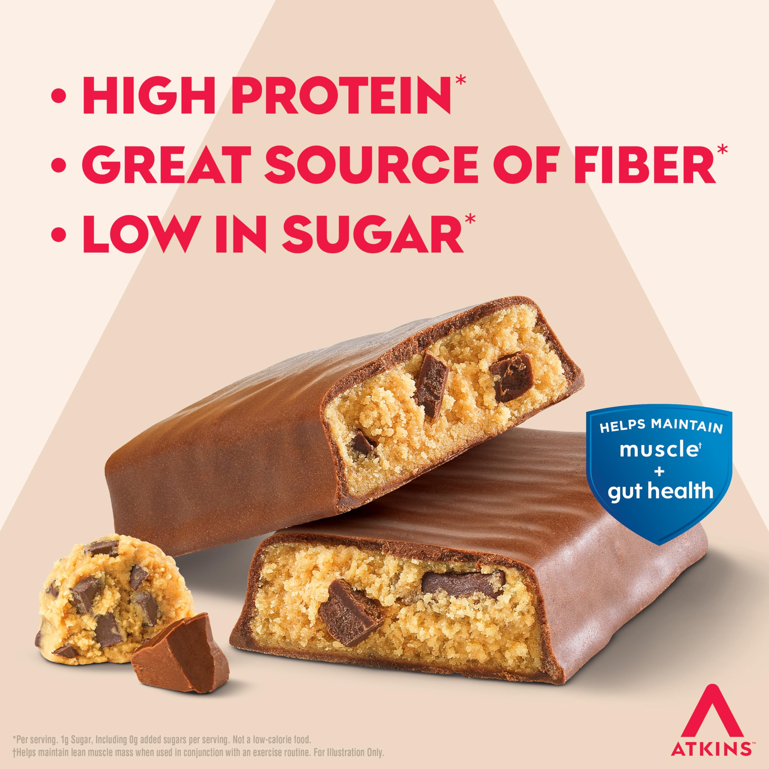 Atkins Strong Barras de proteínas, masa de galletas con chispas de chocolate, alta fibra, bajas en carbohidratos netos, 4 unidades (paquete de 6)