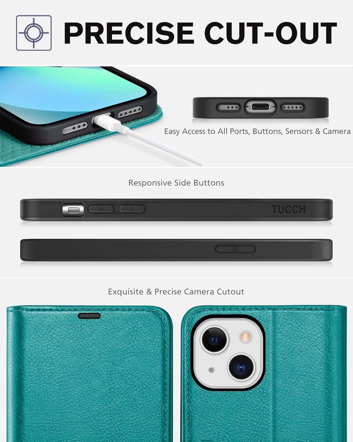 TUCCH Wallet Case for iPhone 13, [RFID Blocking] [3 Card Slots] TPU Interior Protective Case, Magnetic Folio Shockproof PU Leather Stand Flip Cover Compatible with iPhone 13 6.1 5G, Cyan