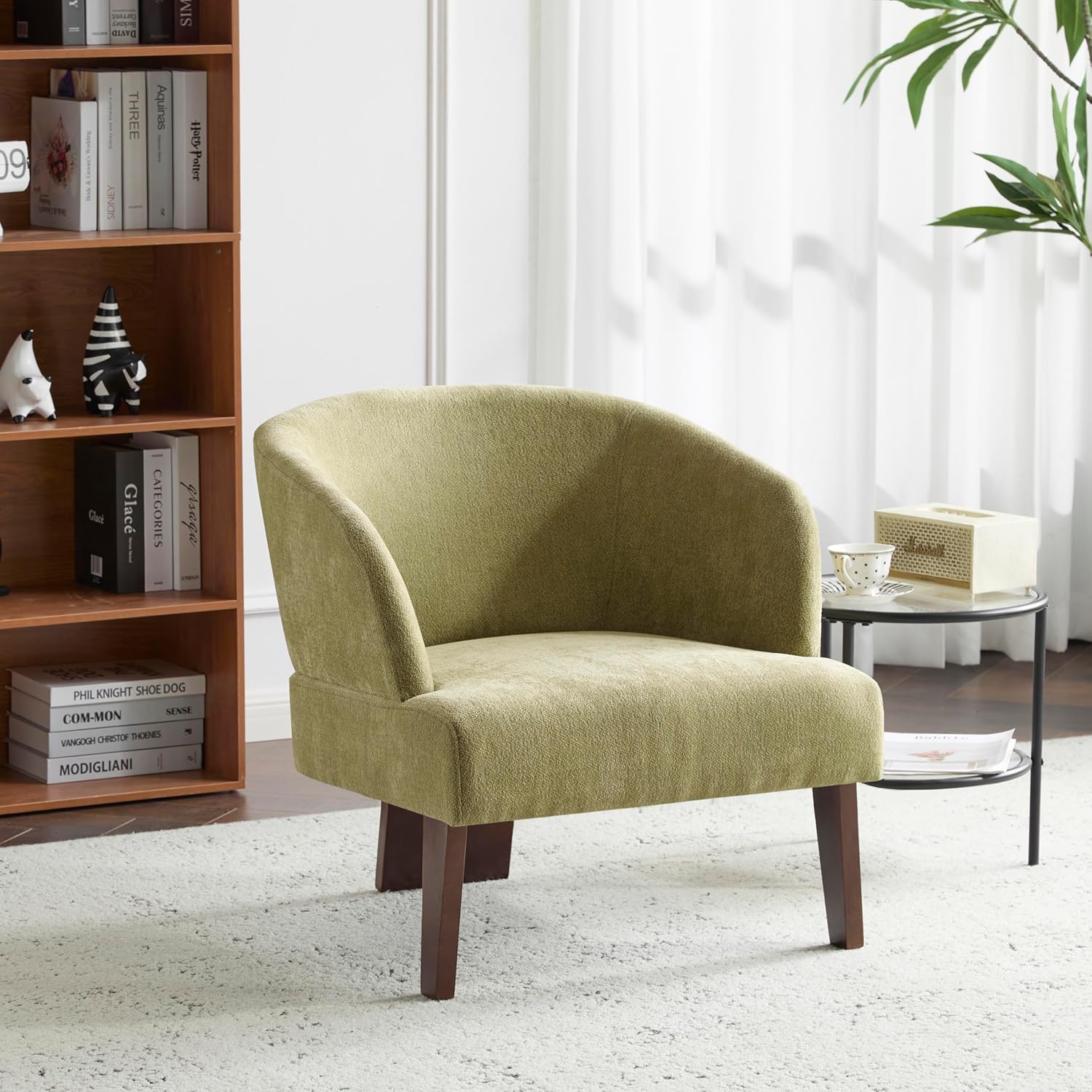 GDFStudio Modern Accent Chair with Round Backrest,Mid-Century Lounge Chairs with Wooden Legs,Compact Seating Upholstered Fabric Armchair with Cushion for Living Room Bedroom Office,27.5" Green