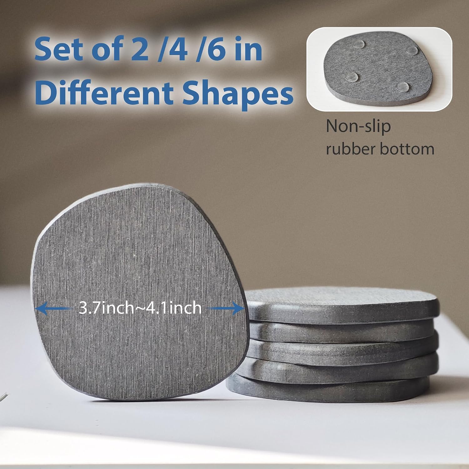 Diatomaceous Earth Coasters Set of 6 for Drinks, Moisture Water Absorbent Stone Coasters for Table Desk at Work, Water Absorbing Instant Drying Diatomite, Modern Deep Grey