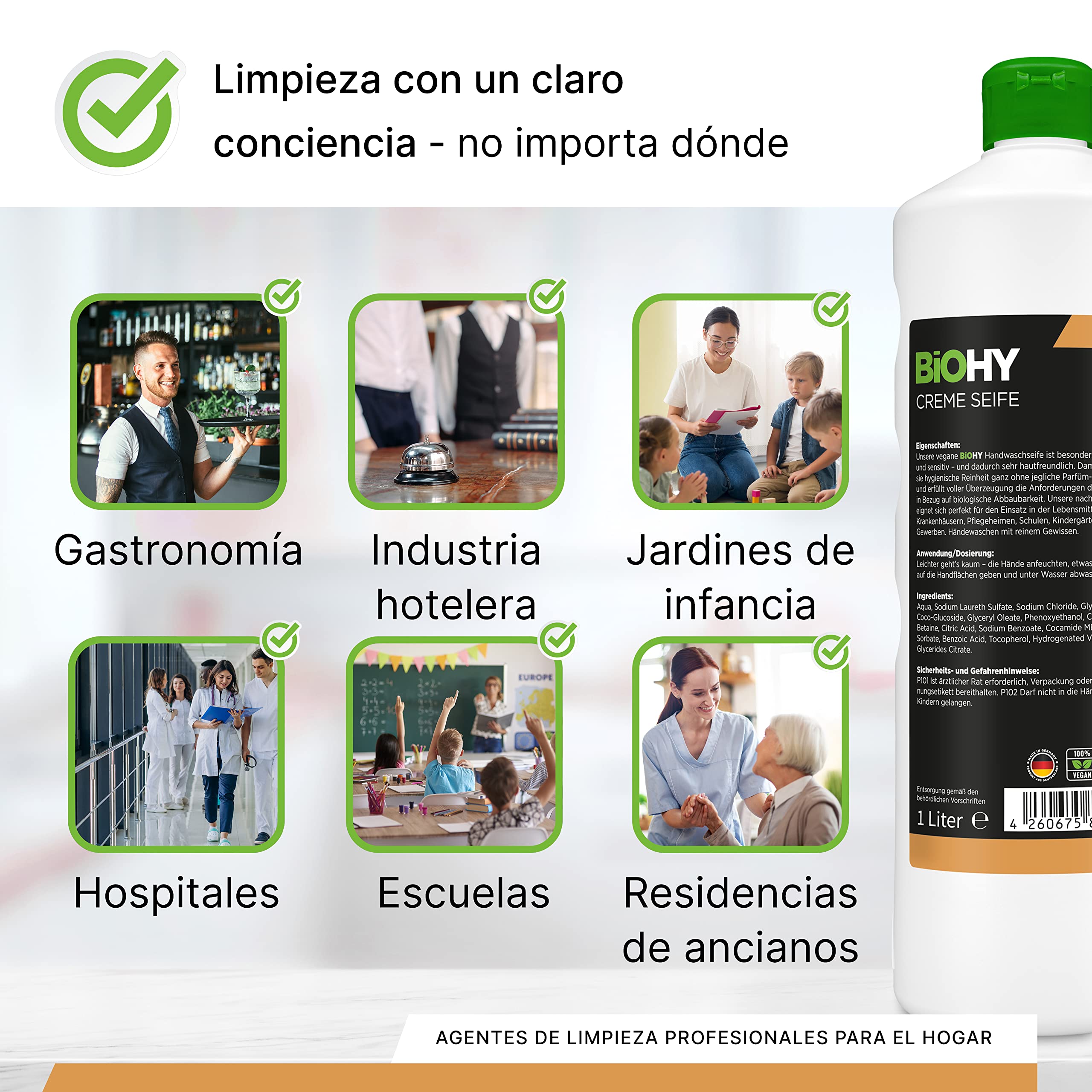 BiOHY Crema de Jabon (12 botellas de 1 litro) | Suave, hidratante e inodoro jabón de manos del sector vegetal | LIBRE DE FOSFATOS Sin perfume ni colorantes (Creme Seife)