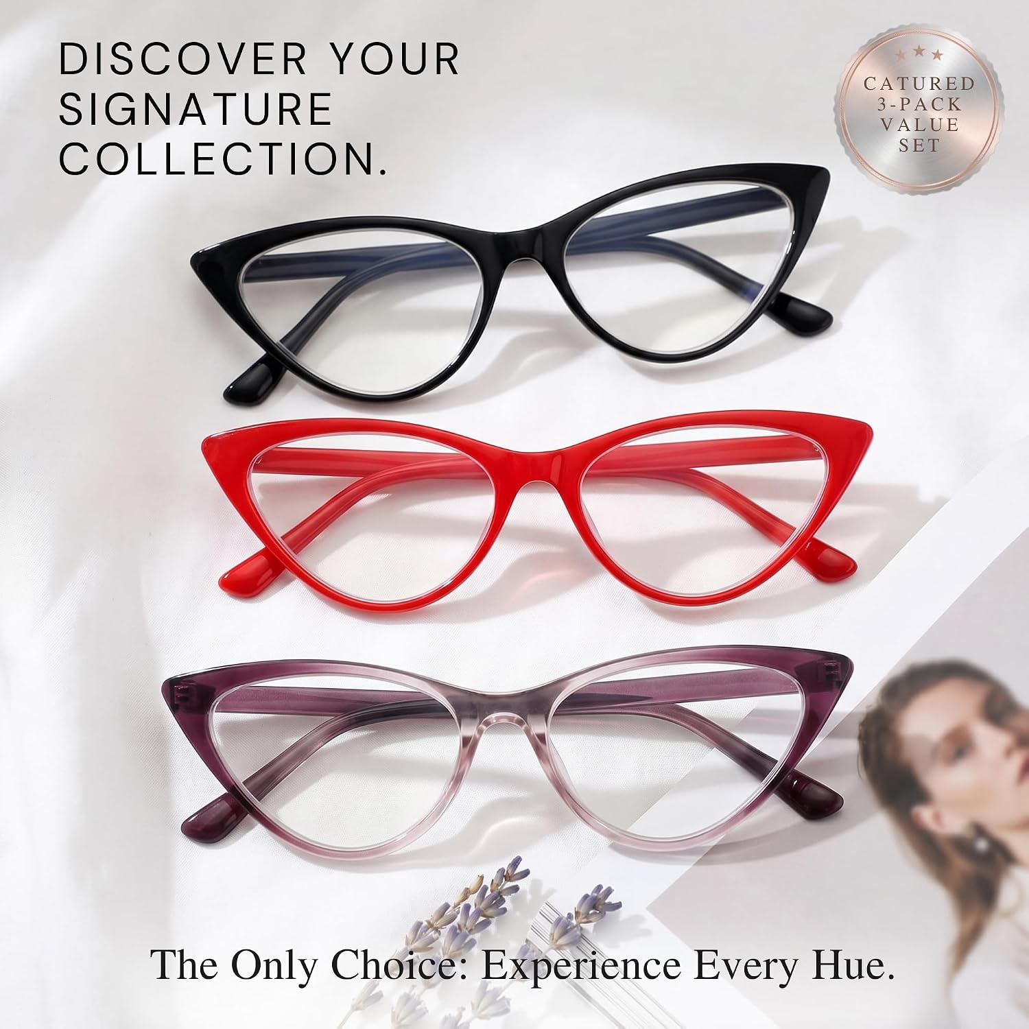 2SeeLife 3-Pack Small Cat Eye Reading Glasses for Women – Narrow-Medium Fit, Sturdy Frame, Spring Hinges, Premium Funky Readers, Red, Black, Purple, +1.50